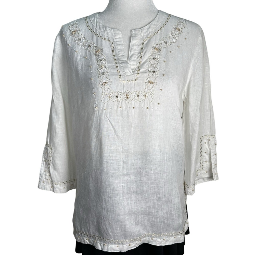 Ishu 100% Linen Tunic Women's Sz M Bohemian Beaded 3/4 Sleeves India‎ Beachwear